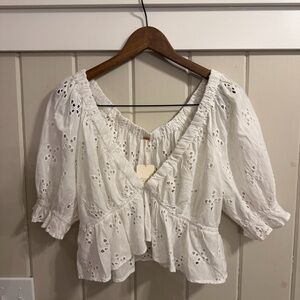 NWT Free People White Eyelet Ruffle Cropped Blouse, Size Small